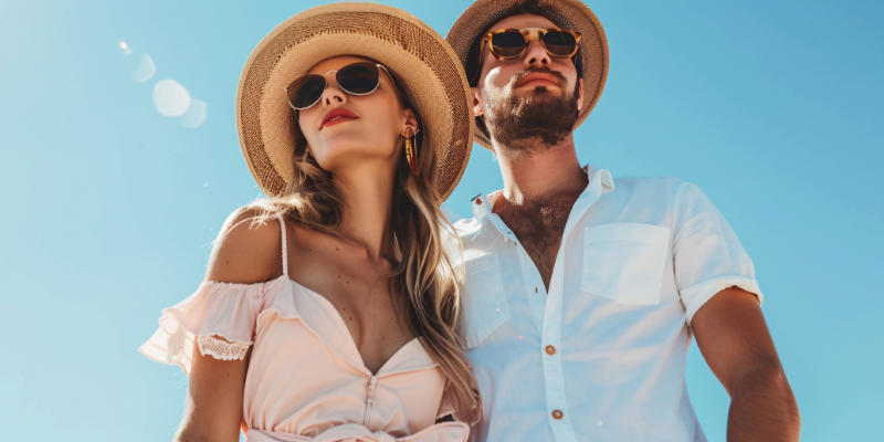 EIn Photo von einem Mann und eine Frau, die sommerlich angezogen sind und im Hintergund nur die Sonne und der blaue Himmel zu erkennen sind