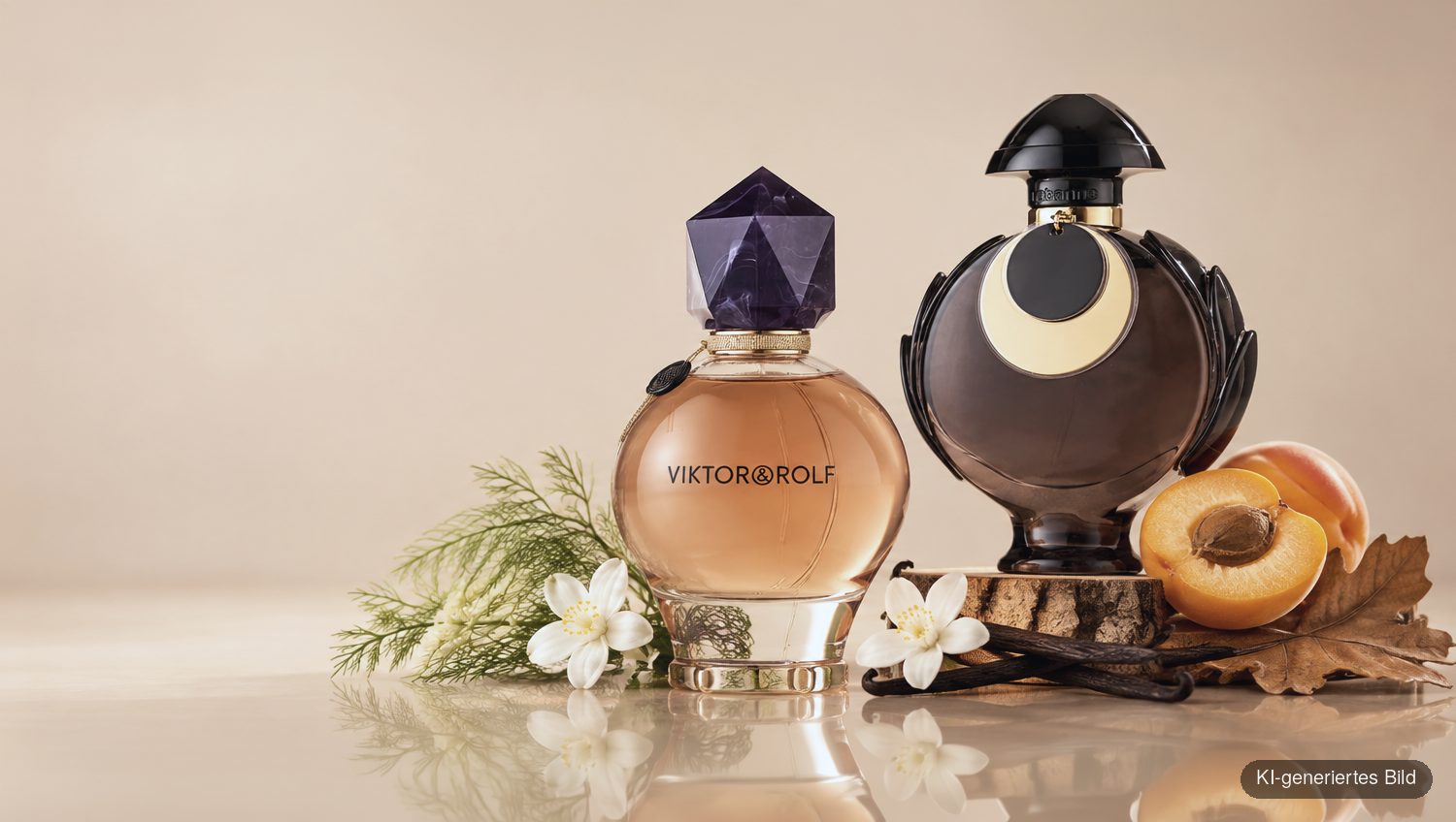 Viktor & Rolf Good Fortune und Rabanne Olympéa Absolu Parfum Intense mit Aprikose, Jasmin, Vanille und Fenchel auf hellem Hintergrund