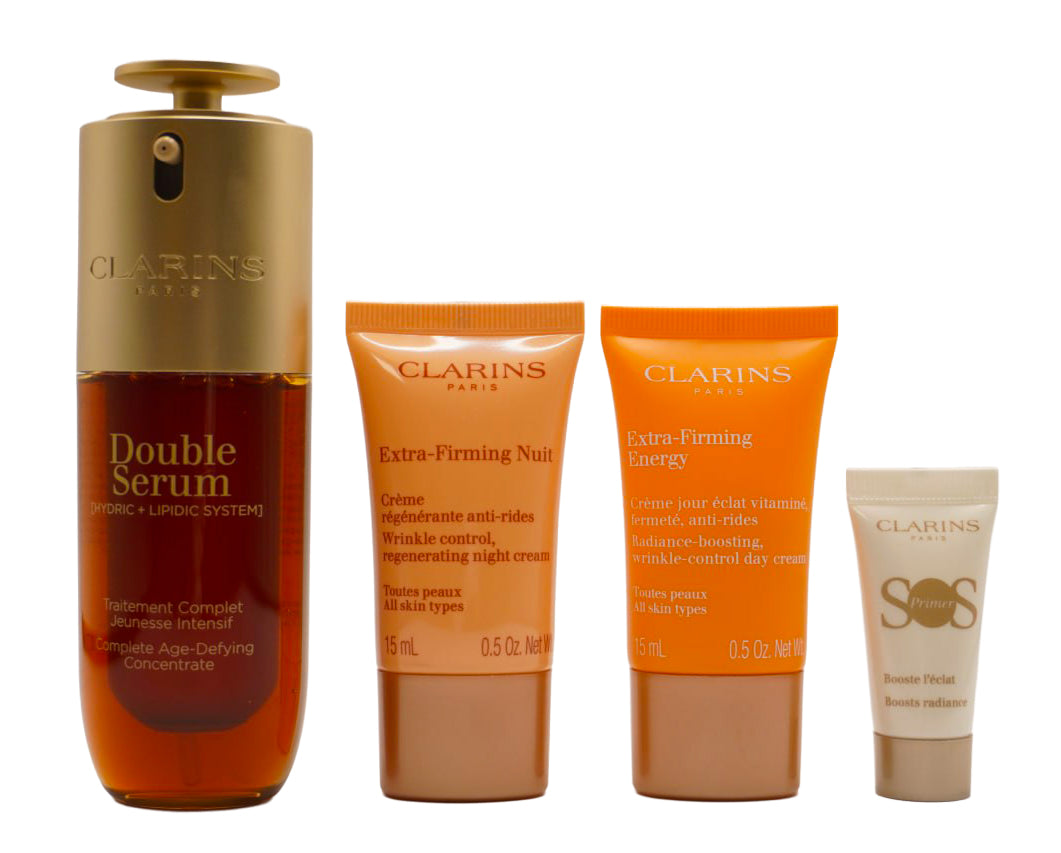 Clarins Double Serum Complete Age-Defying Concentrate Gesichtsserum Set 50 ml + 15 ml Extra-Firming Energy Tagescreme + 15 ml Extra-Firming Nachtcreme + 5 ml SOS Primer + Täschchen