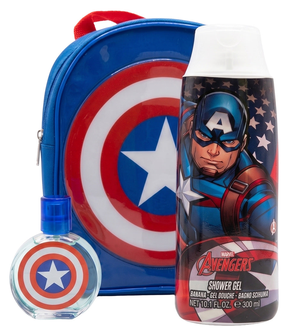 Marvel Captain America EDT Geschenkset Set 50 ml + 300 ml Duschgel + 1 Stk. Kinderrucksack