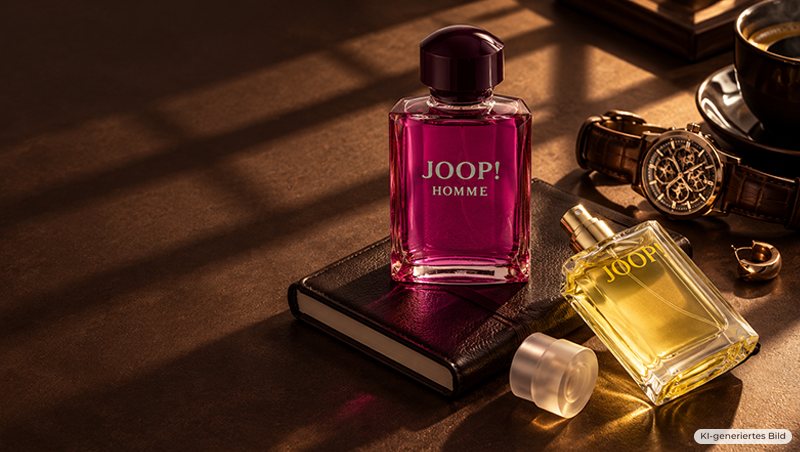 JOOP! Homme und JOOP! Le Bain Flakons auf Ledernotizbuch mit Armbanduhr und Kaffeetasse im warmen Abendlicht – KI-generiertes Bild