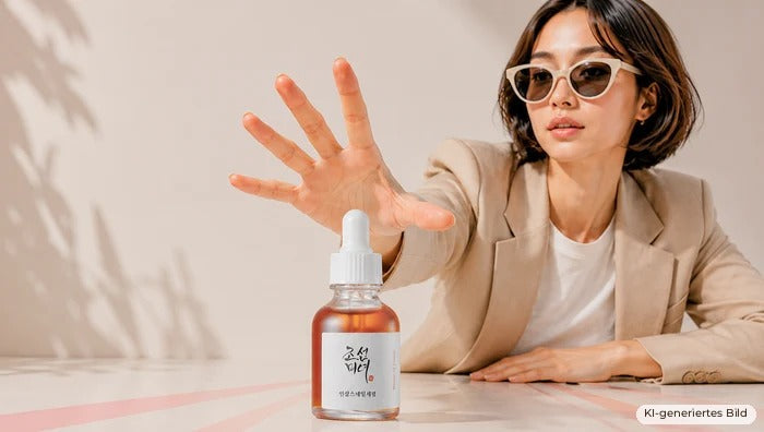 Frau mit Sonnenbrille greift nach einem Beauty of Joseon Serum: die perfekte K-Beauty-Routine