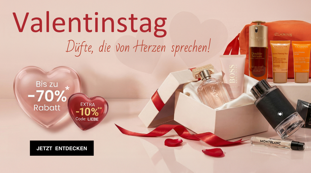 Valentinstagsangebot mit Parfums und Pflegeprodukten. Bis zu -70 % Rabatt, extra -10 % mit Code „LIEBE“. Geschenkboxen, rote Herzen und Rosenblätter.