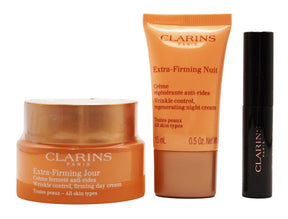 Clarins Extra-Firming Jour Toutes Peaux Tagescreme 50 ml Tagescreme + 15 ml Nachtcreme + 3 ml Wonder Perfect Mascara 4D + 0.9 ml Double Serum Gesichtsserum + Täschchen
