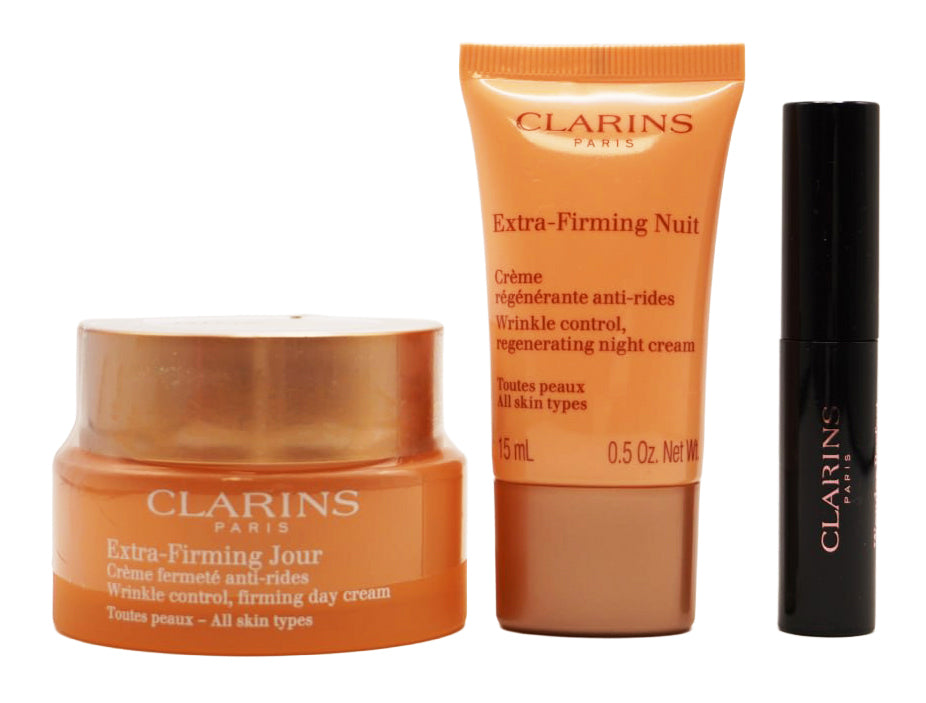 Clarins Extra-Firming Jour Toutes Peaux Tagescreme 50 ml Tagescreme + 15 ml Nachtcreme + 3 ml Wonder Perfect Mascara 4D + 0.9 ml Double Serum Gesichtsserum + Täschchen