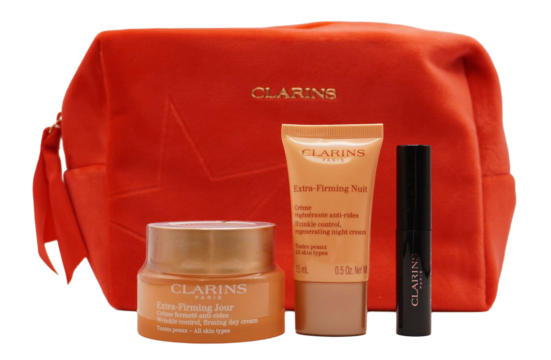 Clarins Extra-Firming Jour Toutes Peaux Tagescreme 50 ml Tagescreme + 15 ml Nachtcreme + 3 ml Wonder Perfect Mascara 4D + 0.9 ml Double Serum Gesichtsserum + Täschchen