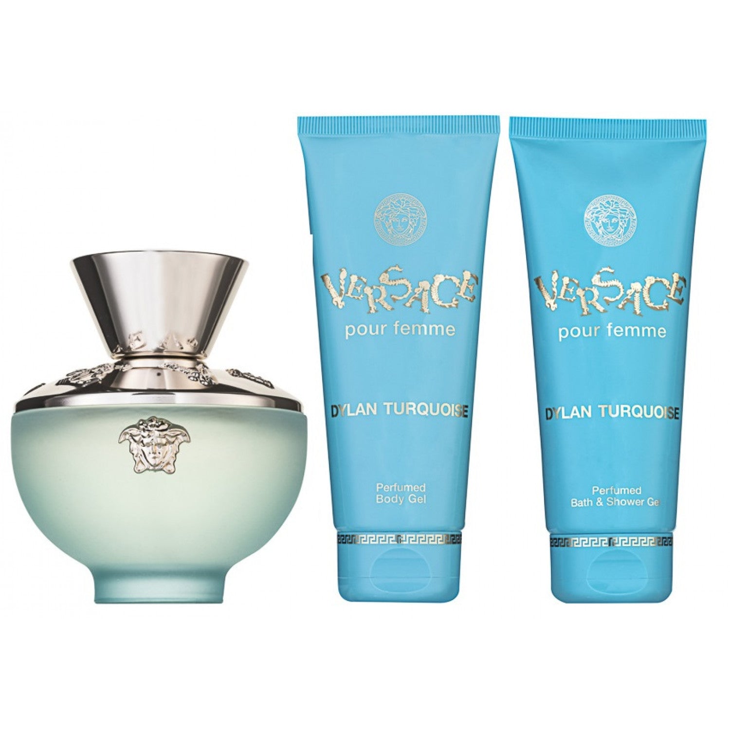 Versace Dylan Turquoise Eau de Toilette Set 100 ml + 100 ml Körperlotion + 100 ml Duschgel + Tasche
