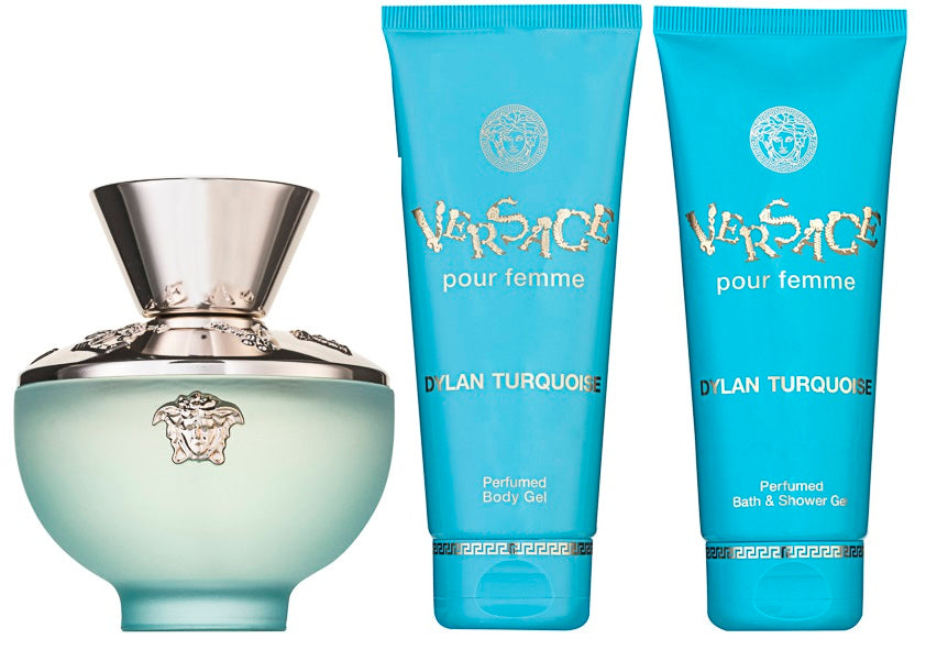 Versace Dylan Turquoise Eau de Toilette Set 100 ml + 100 ml Körperlotion + 100 ml Duschgel + Tasche