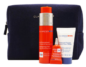 Clarins Men Energizing With Red Ginseng Extract Gesichtsgel Set 50 ml Energizing Gel + 30 ml Active Face Wash Reinigungsschaumgel + 3 ml Energizing Eye Gel + 0.9 ml Double Serum + Täschchen