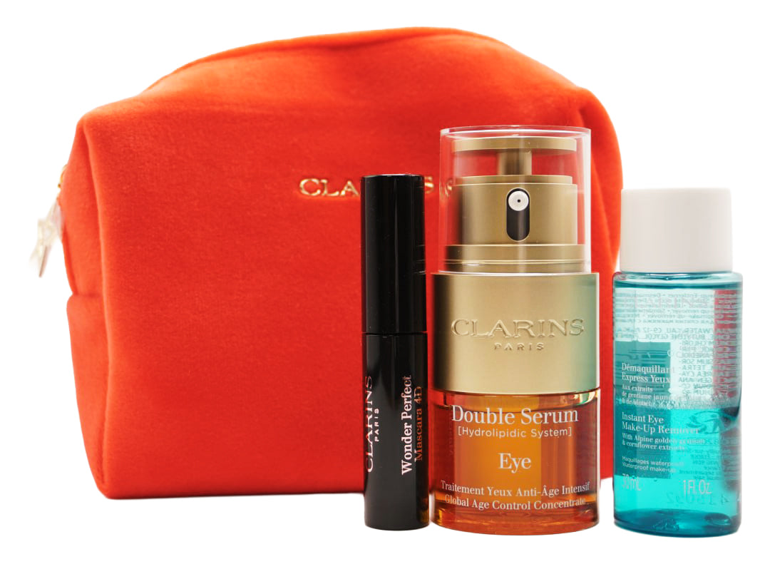 Clarins Double Serum Eye Global Age Control Gesichtsserum Set 20 ml Double Serum Eye + 30 ml Instant Eye Make-Up Remover + 3 ml Wonder Perfect Mascara 4D + Täschchen