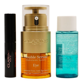 Clarins Double Serum Eye Global Age Control Gesichtsserum Set 20 ml Double Serum Eye + 30 ml Instant Eye Make-Up Remover + 3 ml Wonder Perfect Mascara 4D + Täschchen