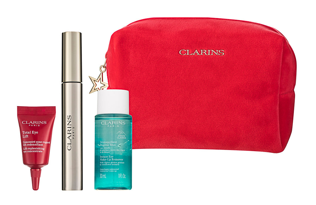 Clarins Supra Volume Mascara Set 8 ml / 01 Intense Black + 3 ml Total Eye Lift + 30 ml Instant Eye Make-Up Remover + Tasche