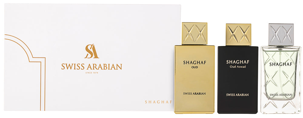Swiss Arabian Shaghaf EDP Geschenkset Shaghaf EDP 75 ml + Shaghaf Oud EDP 75 ml + Shaghaf Oud Aswad EDP 75 ml 