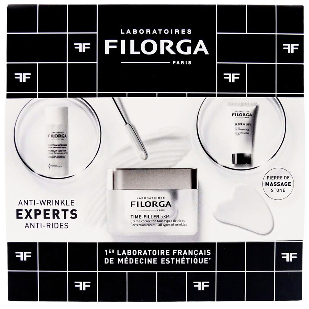 Filorga Anti-Wrinkle Experts Anti-Rides Gesichtspflege-Set 50 ml 5XP Time Filler + 50 ml Mizellen-Reinigungswasser + 15 ml Sleep&Lift Nachtcreme + Mini Guasha Massage Hilfsmittel