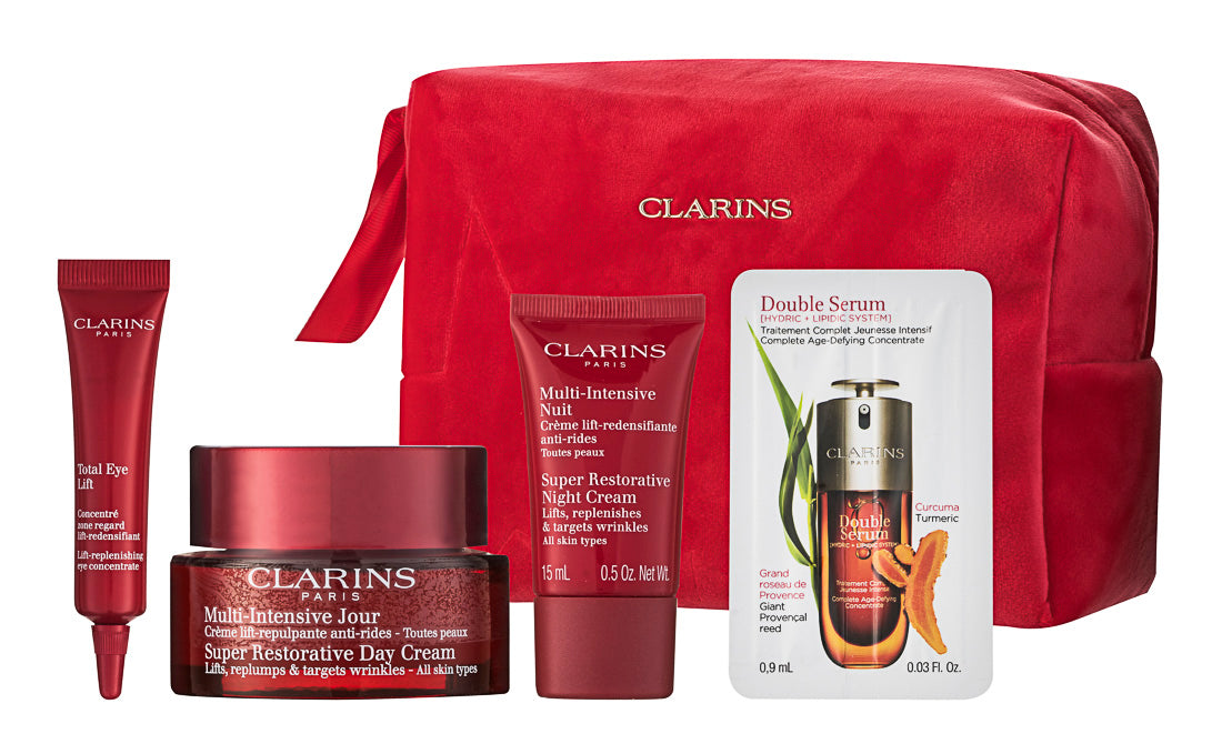 Clarins Super Restorative Tagescreme Set 50 ml Super Restorative Tagescreme + 15 ml Super Restorative Nachtcreme + 7 ml Total Eye Lift Augencreme + Tasche