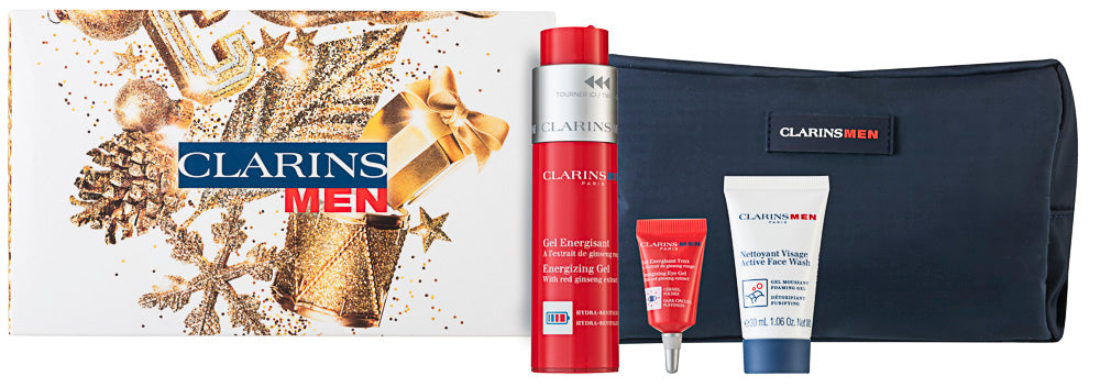 Clarins Men Energizing Gesichtspflege-Set 50 ml Energizing Gel + 3 ml Energizing Eye Gel + 30 ml Cleansing Foam + Travel Bag