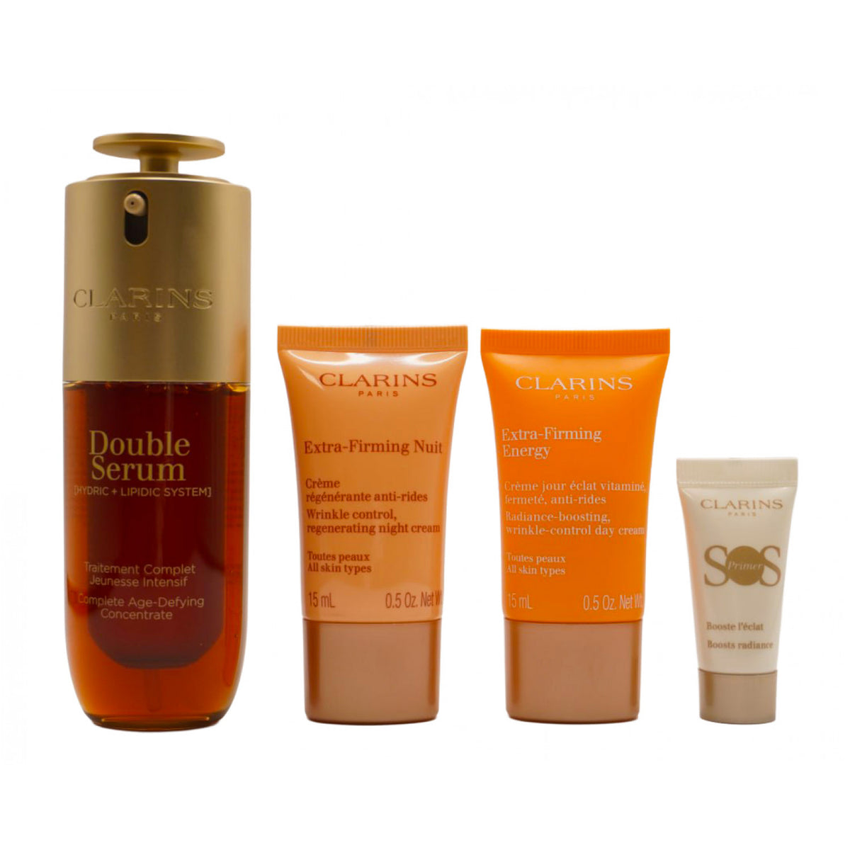 Clarins Double Serum Complete Age-Defying Concentrate Gesichtsserum Set 50 ml + 15 ml Extra-Firming Energy Tagescreme  + 15 ml Extra-Firming Nachtcreme + 5 ml SOS Primer + Täschchen