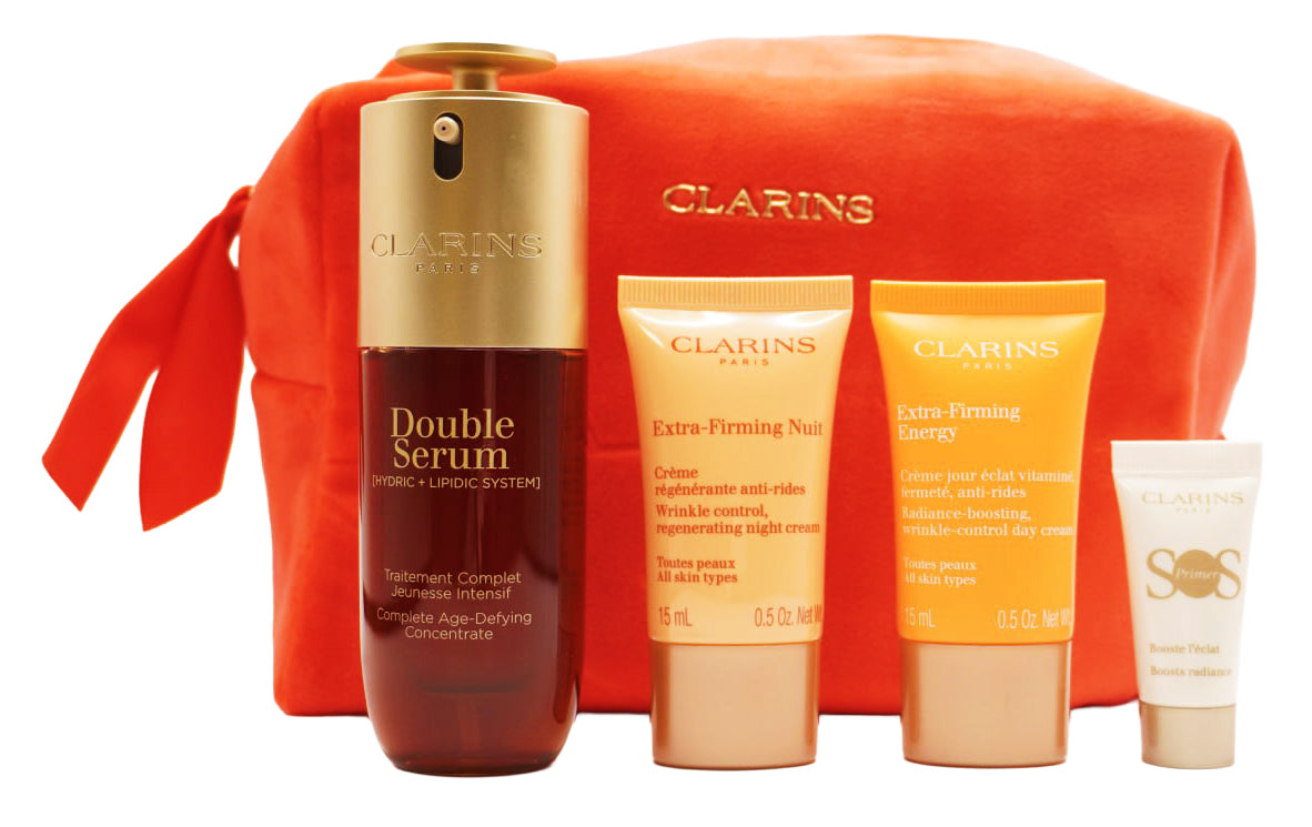Clarins Double Serum Complete Age-Defying Concentrate Gesichtsserum Set 50 ml + 15 ml Extra-Firming Energy Tagescreme  + 15 ml Extra-Firming Nachtcreme + 5 ml SOS Primer + Täschchen
