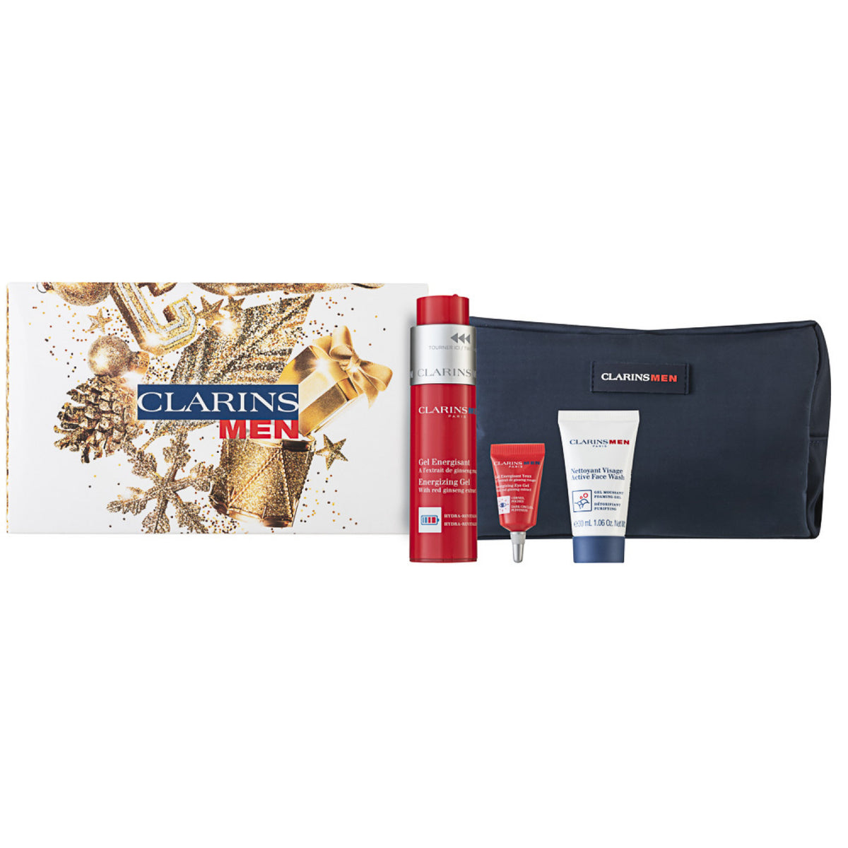 Clarins Men Energizing Gesichtsgel 50 ml Energizing Gel + 3 ml Energizing Eye Gel + 30 ml Cleansing Foam + Travel Bag