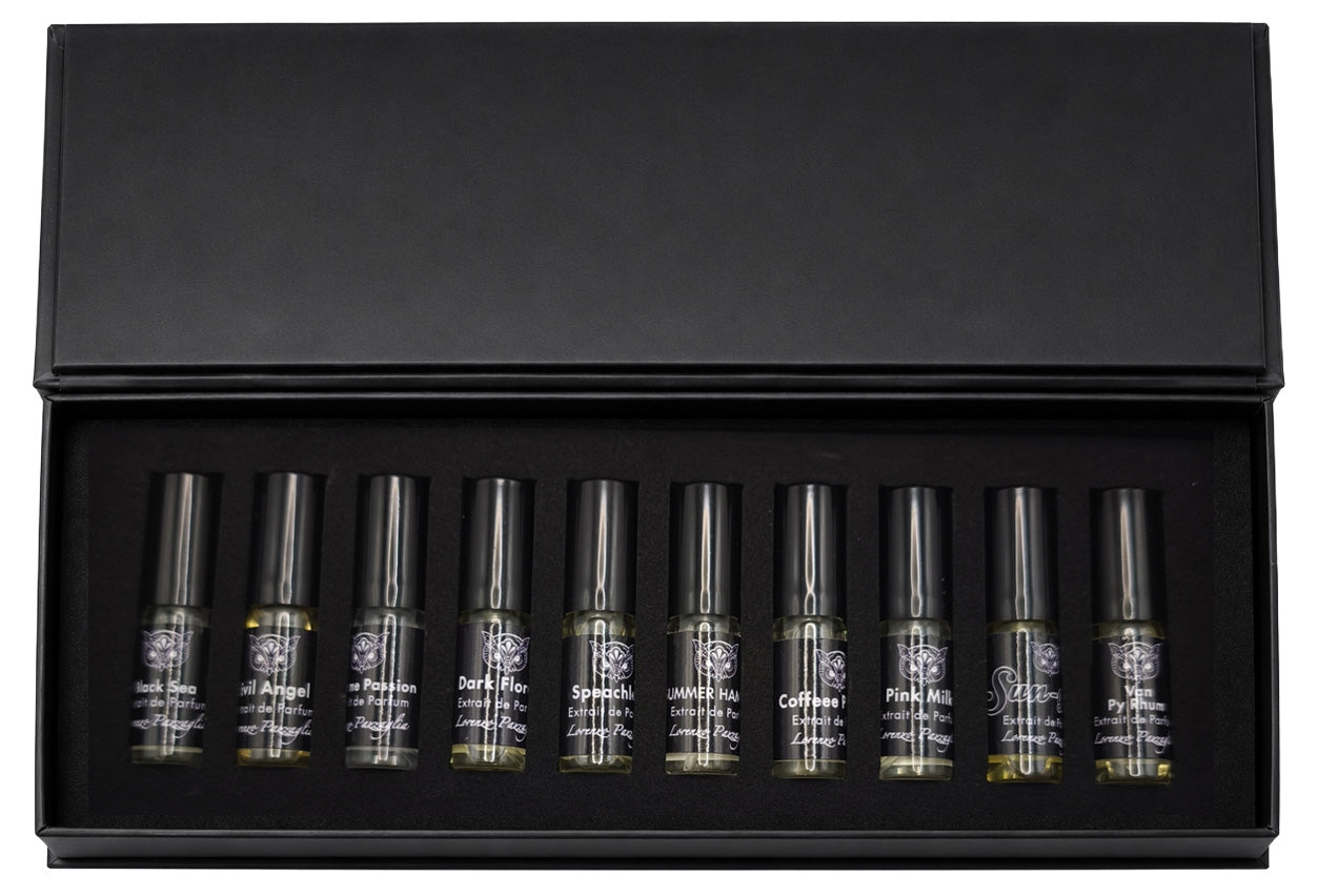 Lorenzo Pazzaglia Discovery Extrait de Parfum Geschenkset Set 1 ml Evil Angel + 1 ml Van Py Rhum + 1 ml Cherry Ink + 1 ml Extreme Passion + 1 ml Esco Pazzo + 1 ml Van Exstasyx + 1 ml Black Sea + 1 ml Carbonara + 1 ml Summer Hammer + 1 ml Sun-Gria