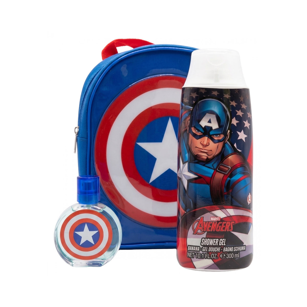 Marvel Captain America EDT Geschenkset Set 50 ml + 300 ml Duschgel + 1 Stk. Kinderrucksack